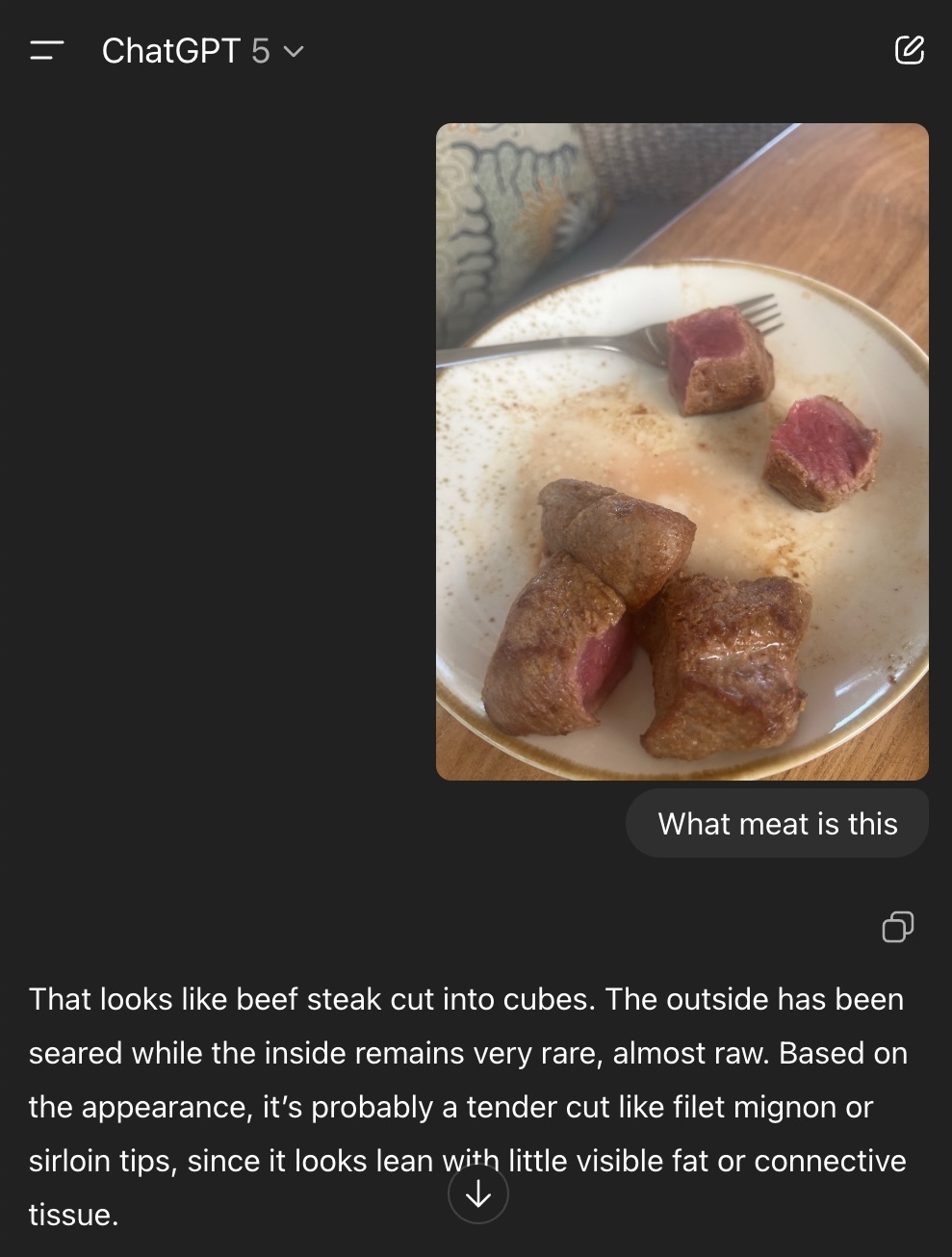 ChatGPT confirms the newly cooked meat is beef