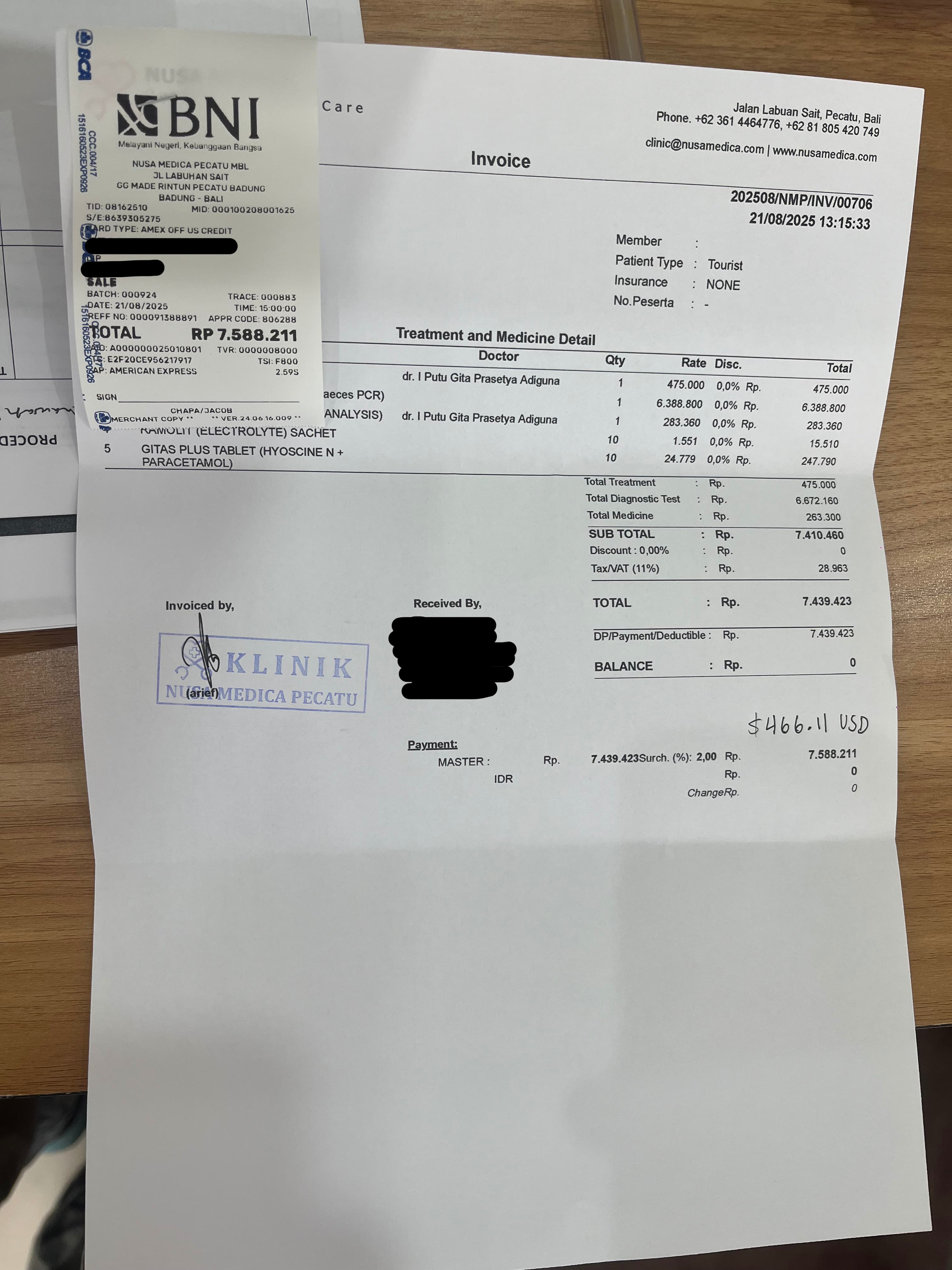 Doctor's receipt for parasite testing
