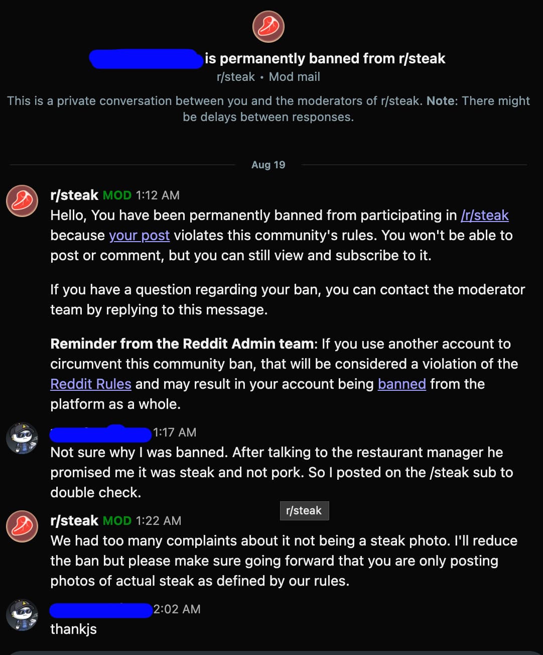 Banned from steak forum for posting non-steak